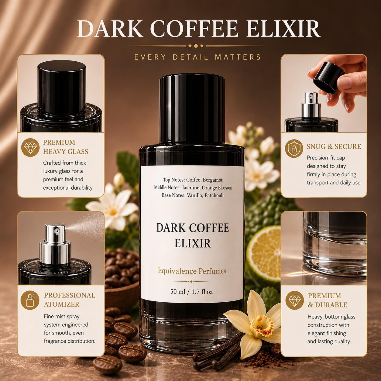 Dark Coffee Elixir 60 ml – Inspired by Black Opium Fragrance Unisex – High Concentration Perfume Spray – Coffee Vanilla, Jasmine, Patchouli & Warm Amber – Long Lasting Unisex Parfum