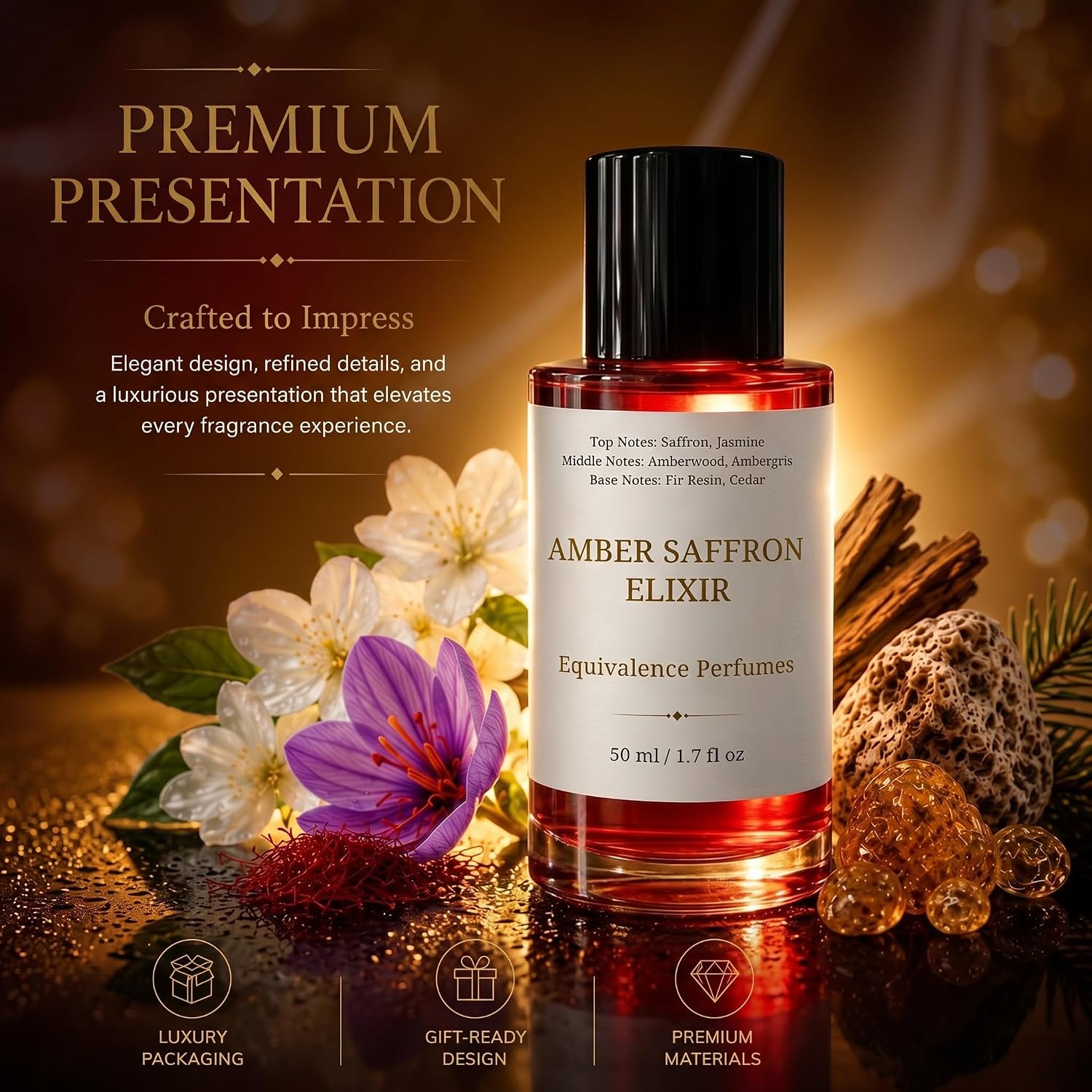 Amber Saffron Elixir 60ml – Inspired by Baccarat Rouge 540 Fragrance for Women & Men – High Concentration Perfume Spray – Saffron, Jasmine & Amberwood Scent – Long Lasting Unisex Parfum