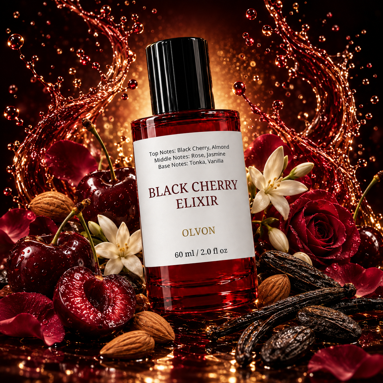 Black Cherry Elixir 60 ml – Inspired by Lost Cherry – Black Cherry & Almond – Rose & Jasmine – Tonka Bean & Vanilla – High Concentration Long-Lasting Fruity Floral Gourmand Perfume Spray for Women
