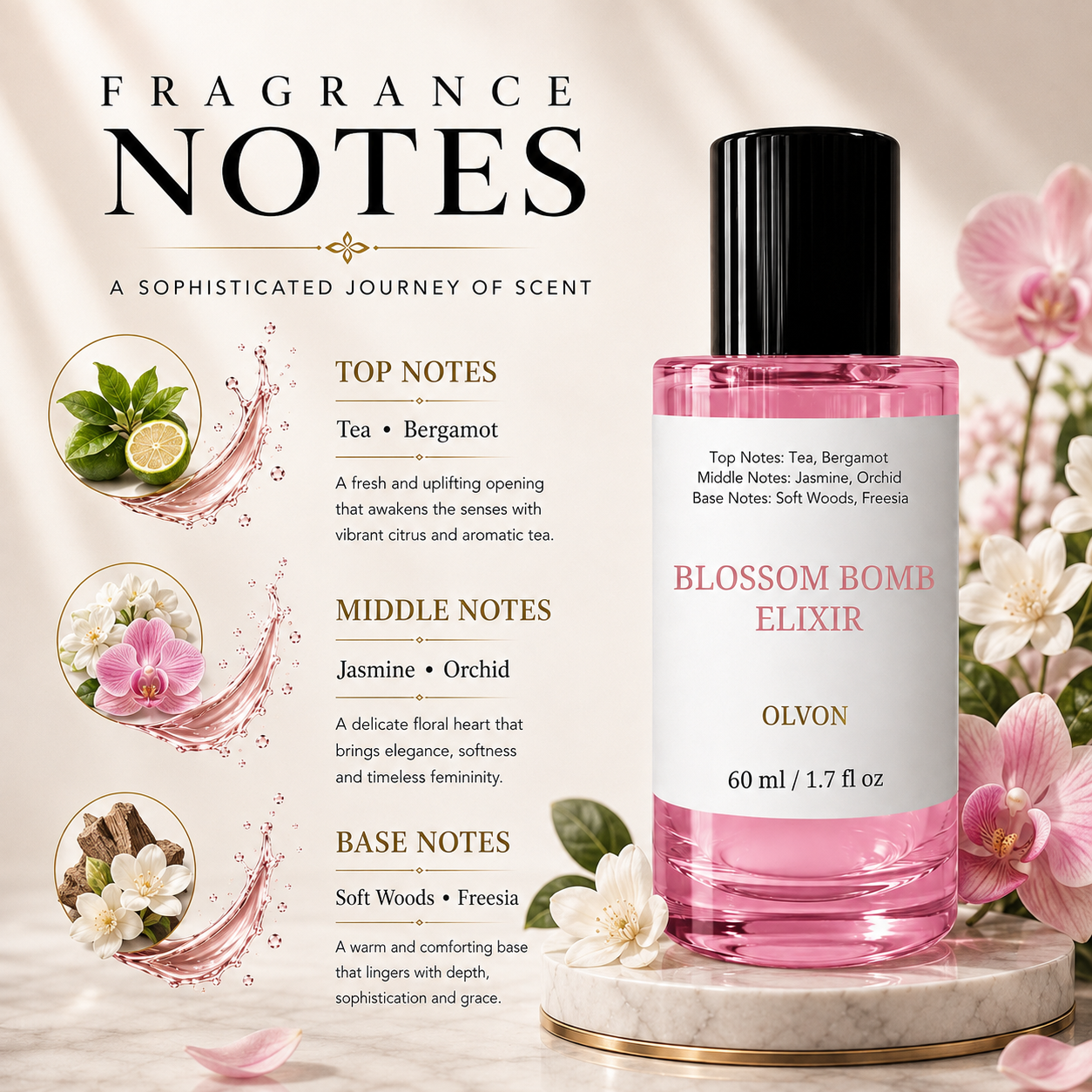 Blossom Bomb Elixir 60 ml – Inspired by Flowerbomb – Tea, Bergamot, Jasmine & Orchid – High Concentration Long-Lasting Perfume Spray for Women – Soft Woods & Freesia
