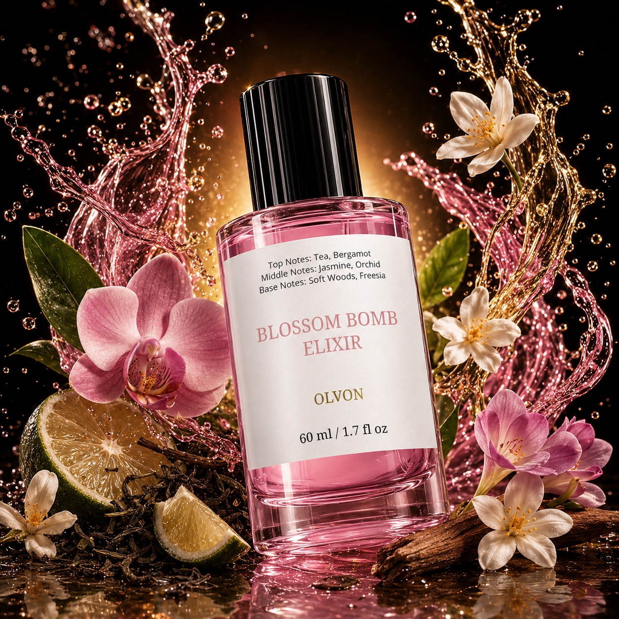Blossom Bomb Elixir 60 ml – Inspired by Flowerbomb – Tea, Bergamot, Jasmine & Orchid – High Concentration Long-Lasting Perfume Spray for Women – Soft Woods & Freesia
