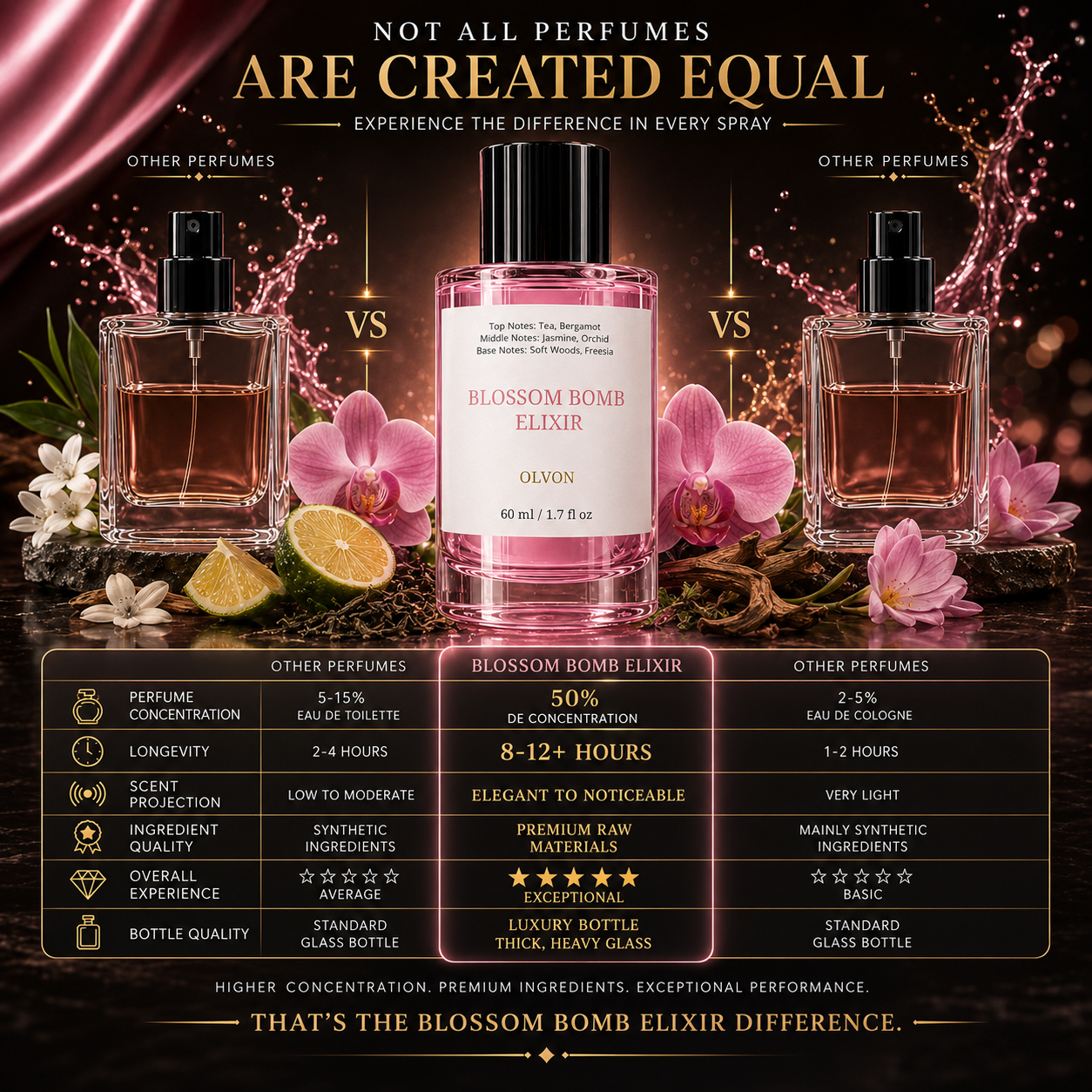 Blossom Bomb Elixir 60 ml – Inspired by Flowerbomb – Tea, Bergamot, Jasmine & Orchid – High Concentration Long-Lasting Perfume Spray for Women – Soft Woods & Freesia