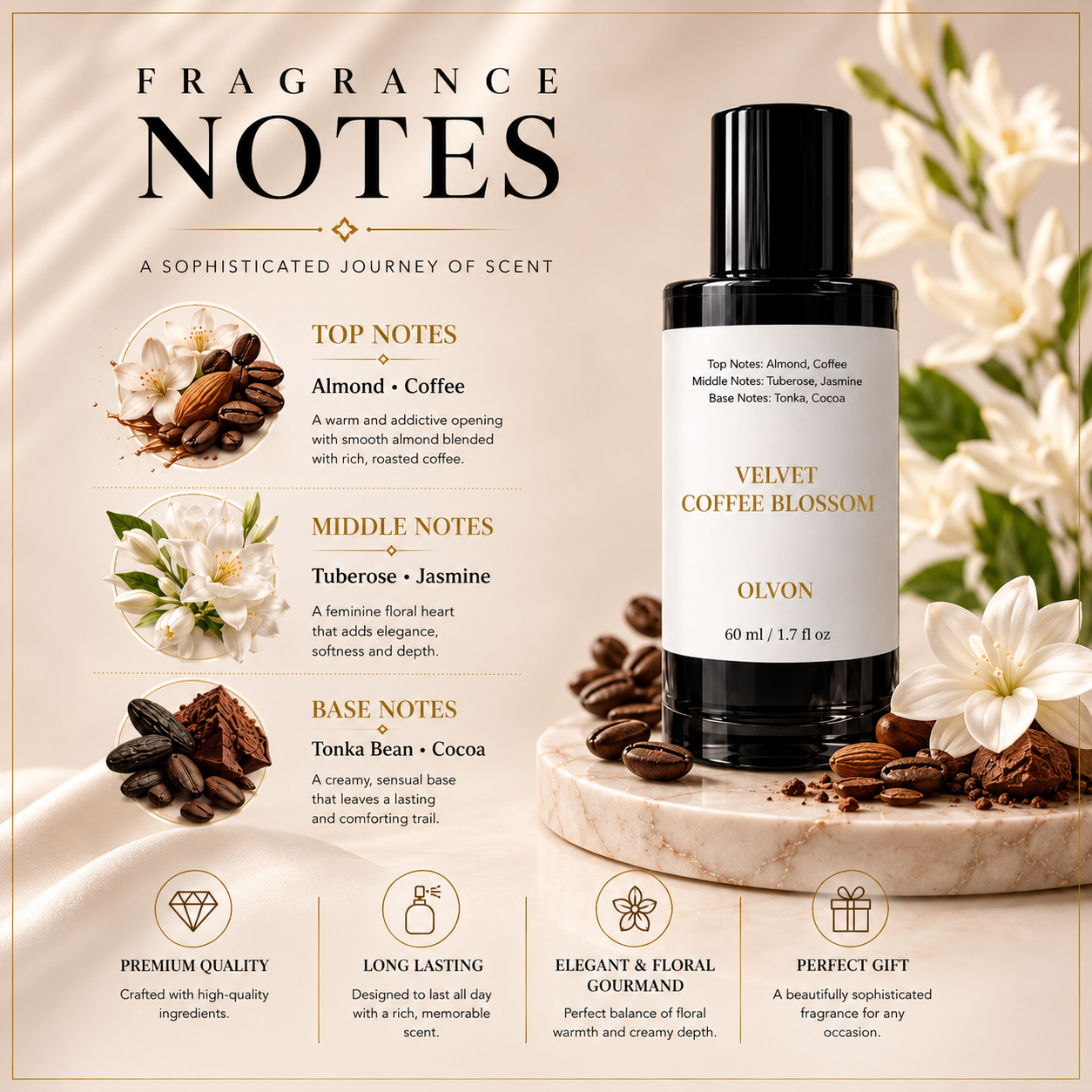 Velvet Coffee Blossom Elixir 60 ml – Inspired by Good Girl – Almond, Coffee, Tuberose & Jasmine – Tonka Bean & Cocoa – High Concentration Long-Lasting Gourmand Floral Perfume Spray for Women**